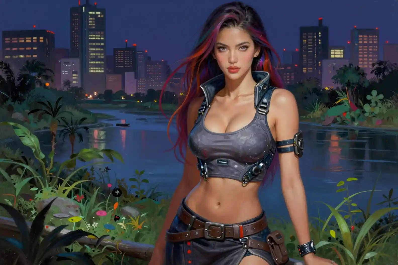 Cyberpunk woman in crop top by neon night river city
