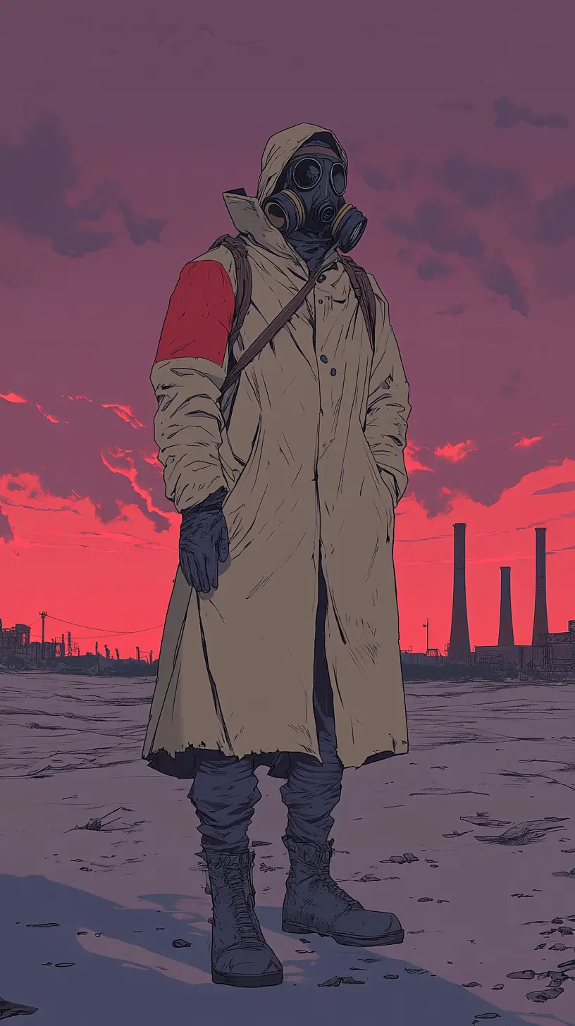 Solitary figure in gas mask under purple industrial sky