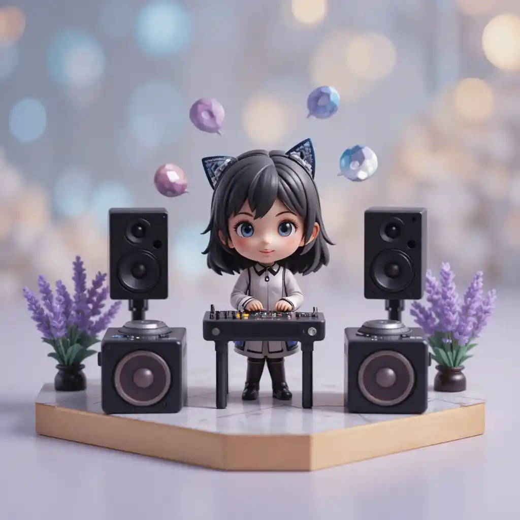 Chibi dj figurine on toy stage with mini turntables
