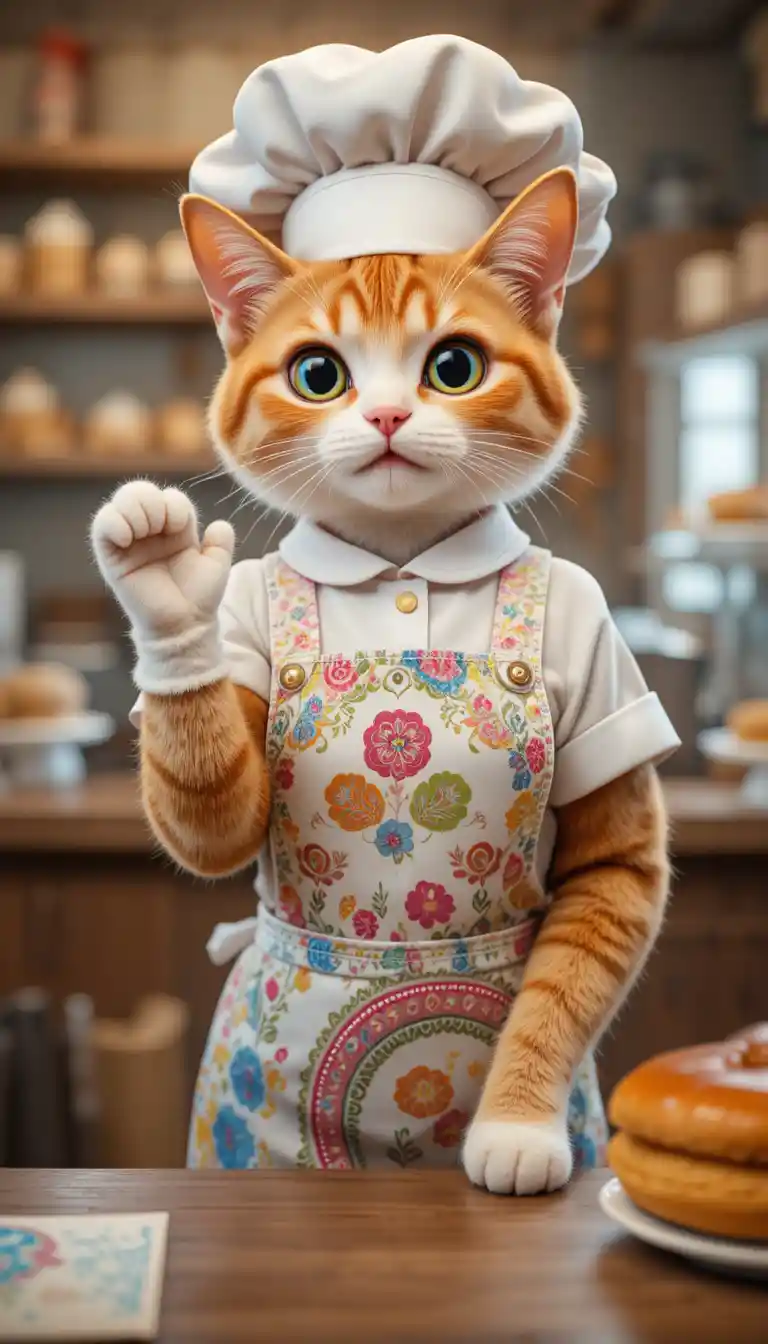 Cheerful cat baker greeting customers behind bakery counter