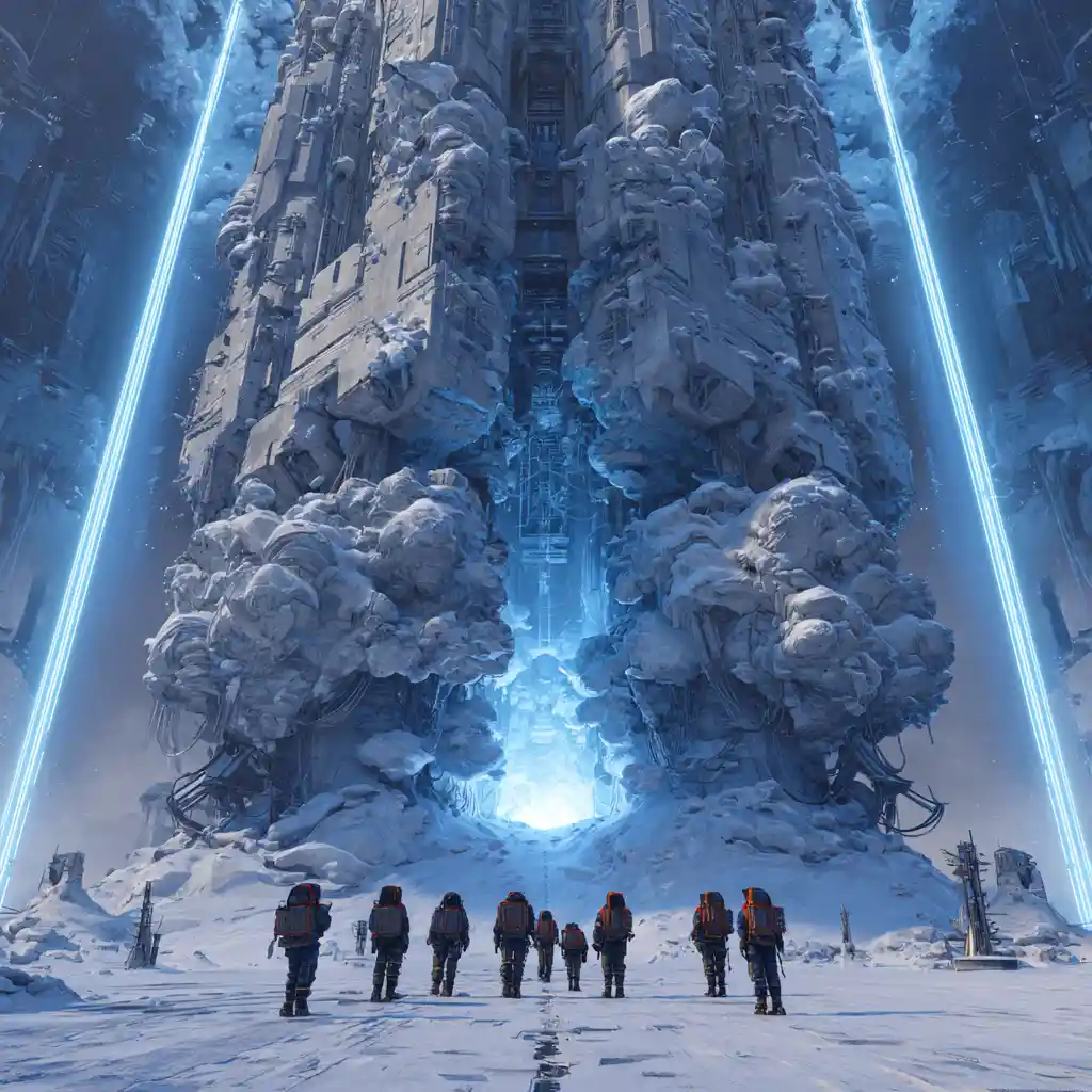 Pilgrims Linked To A Frozen Server Tower In Blue Light