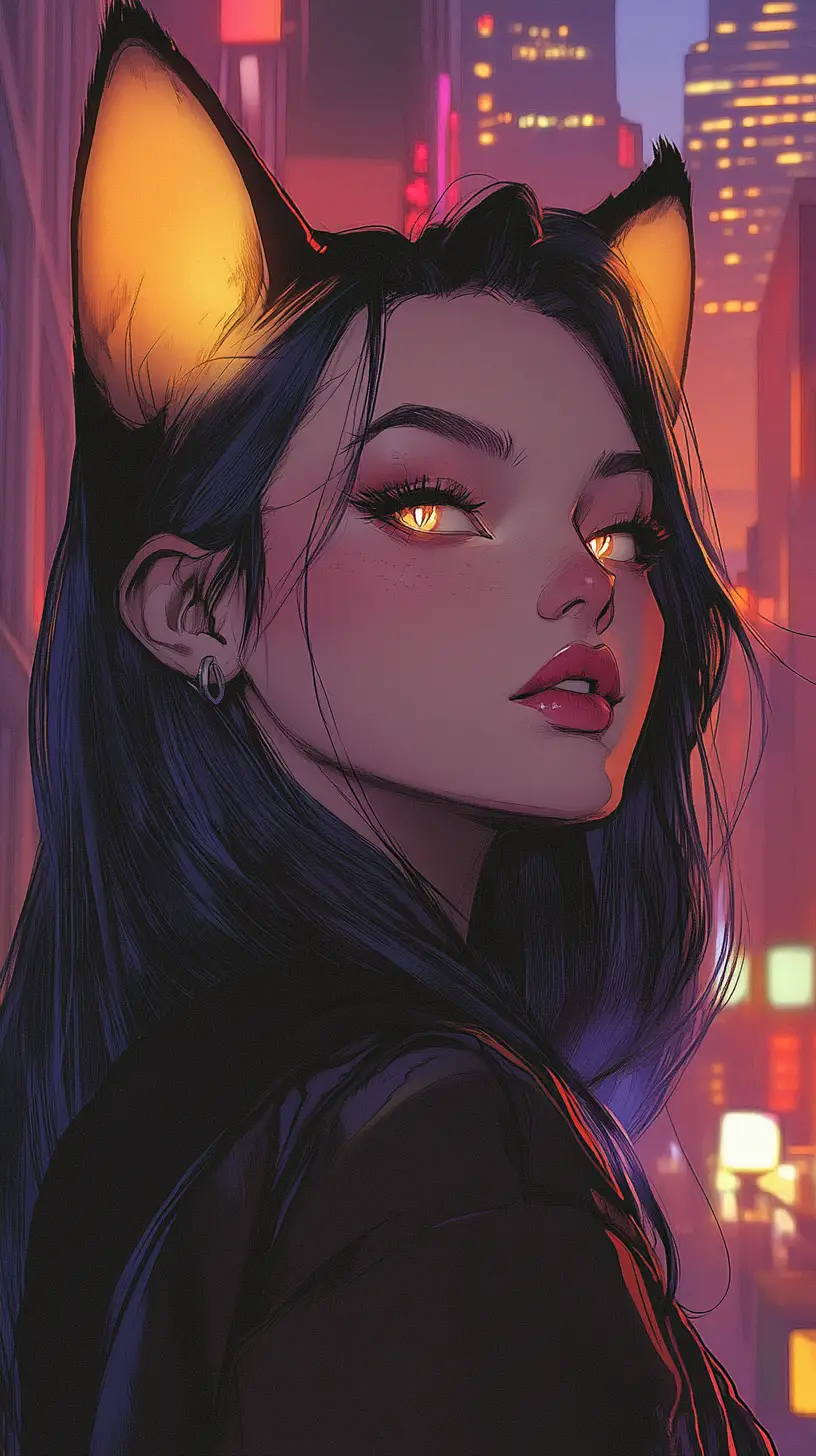 Anime woman with cat ears in vibrant city portrait