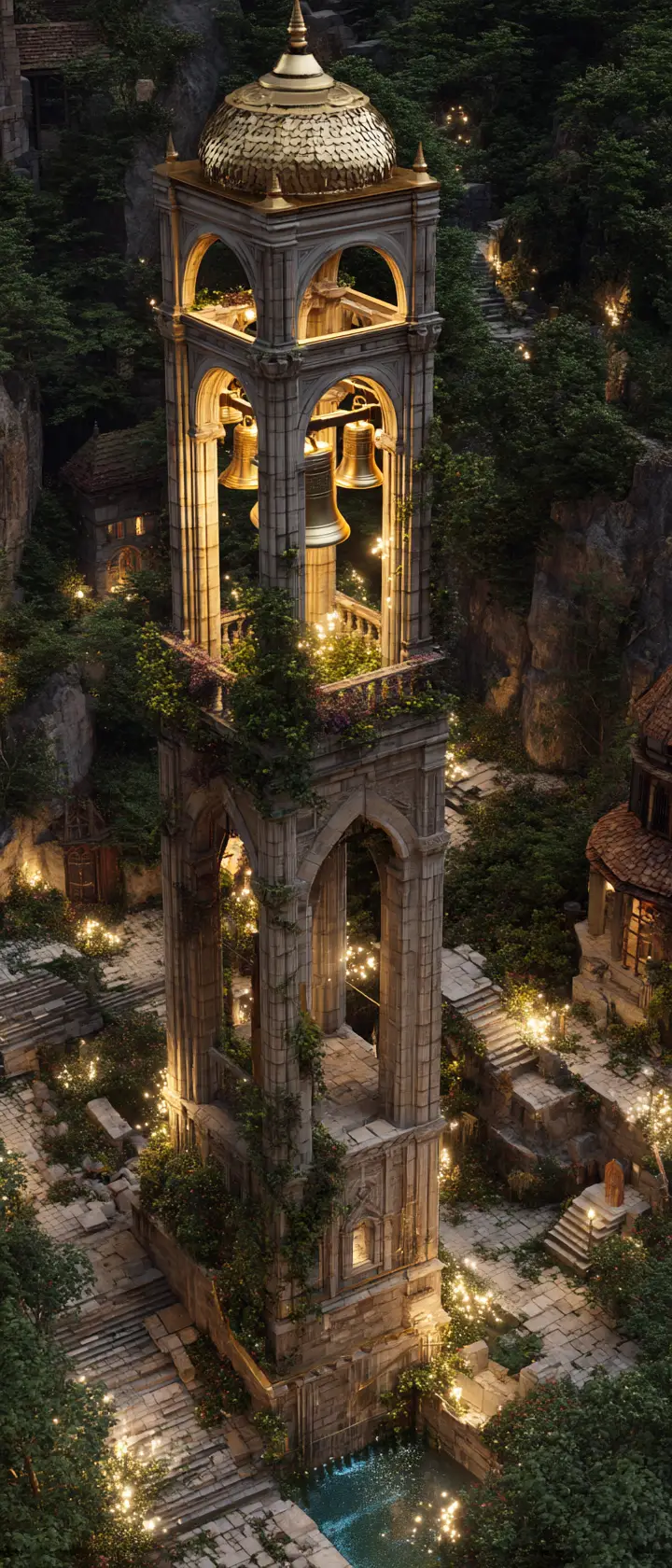 Majestic Magical Bell Tower Above A Fantasy Forest