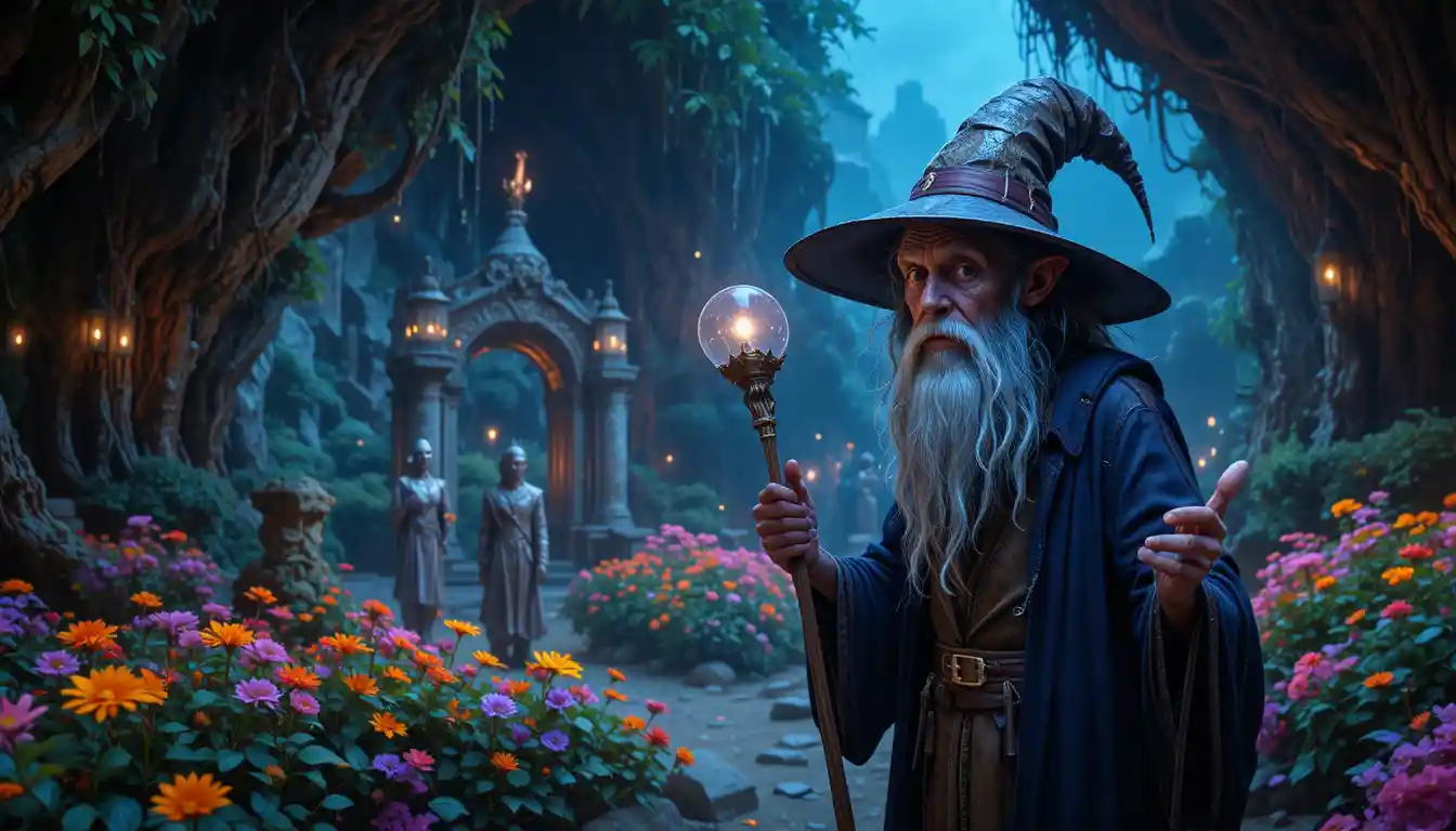 Tall grey bearded wizard with glowing staff in cave