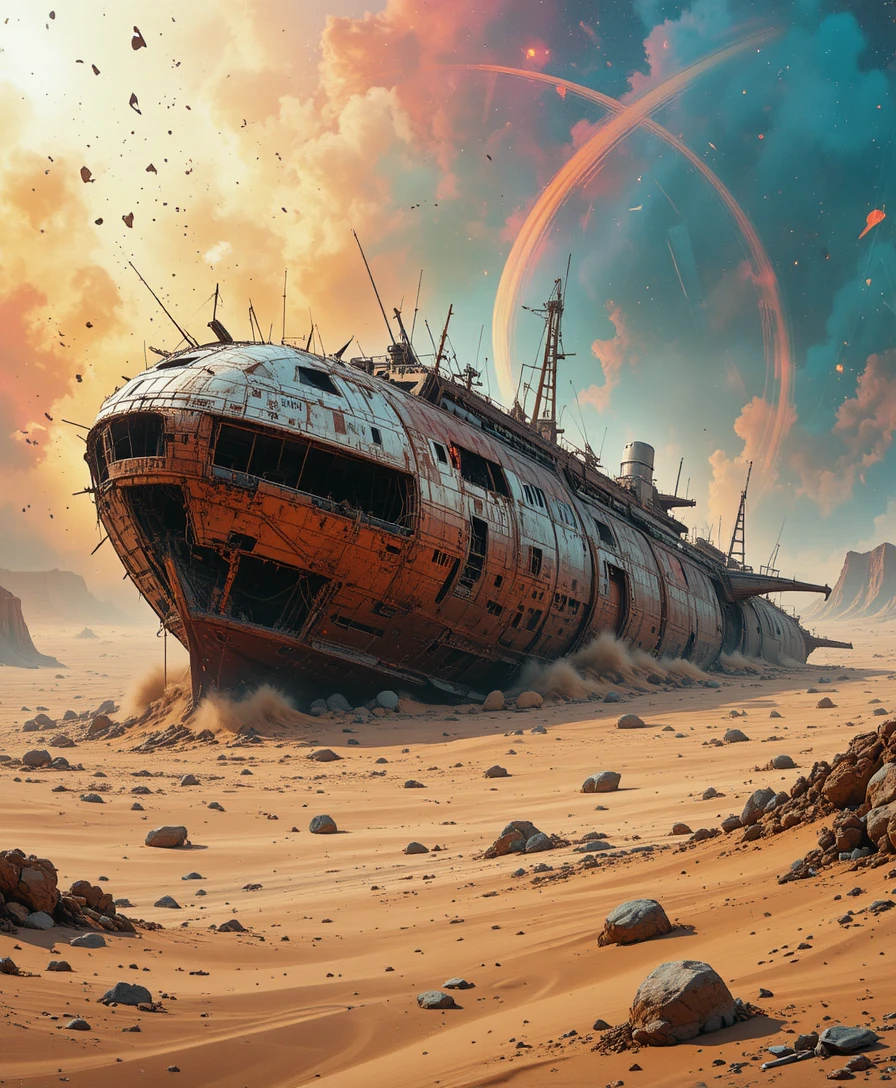 Crashed alien freight spaceship half buried in desert sands