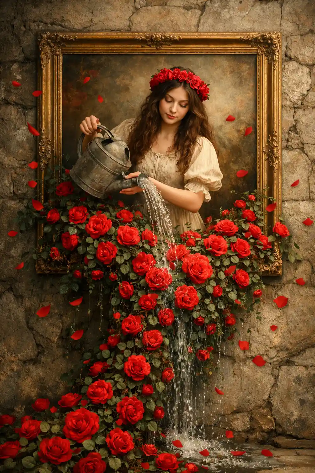 Surreal woman in a golden frame watering cascading red roses