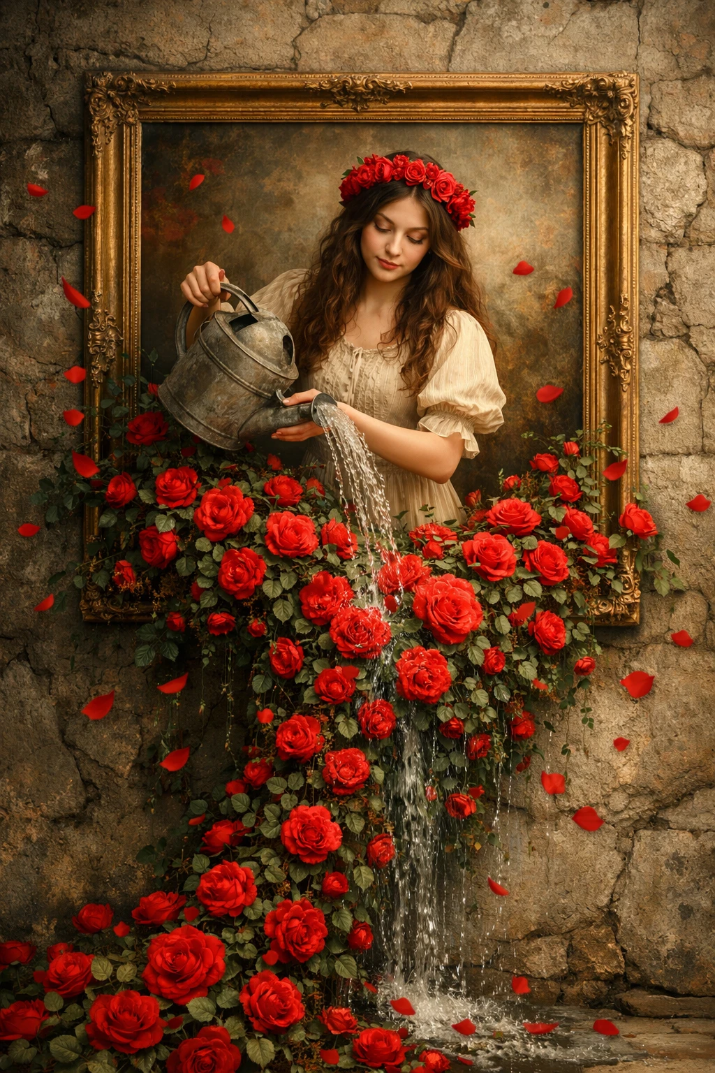 Surreal woman in a golden frame watering cascading red roses