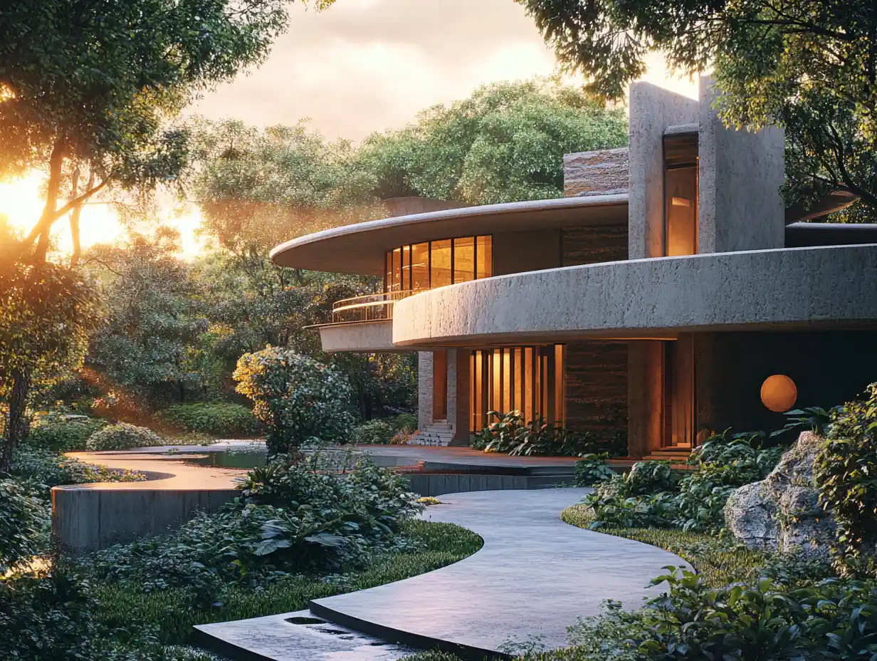Organic fantasy home glowing in sunrise light