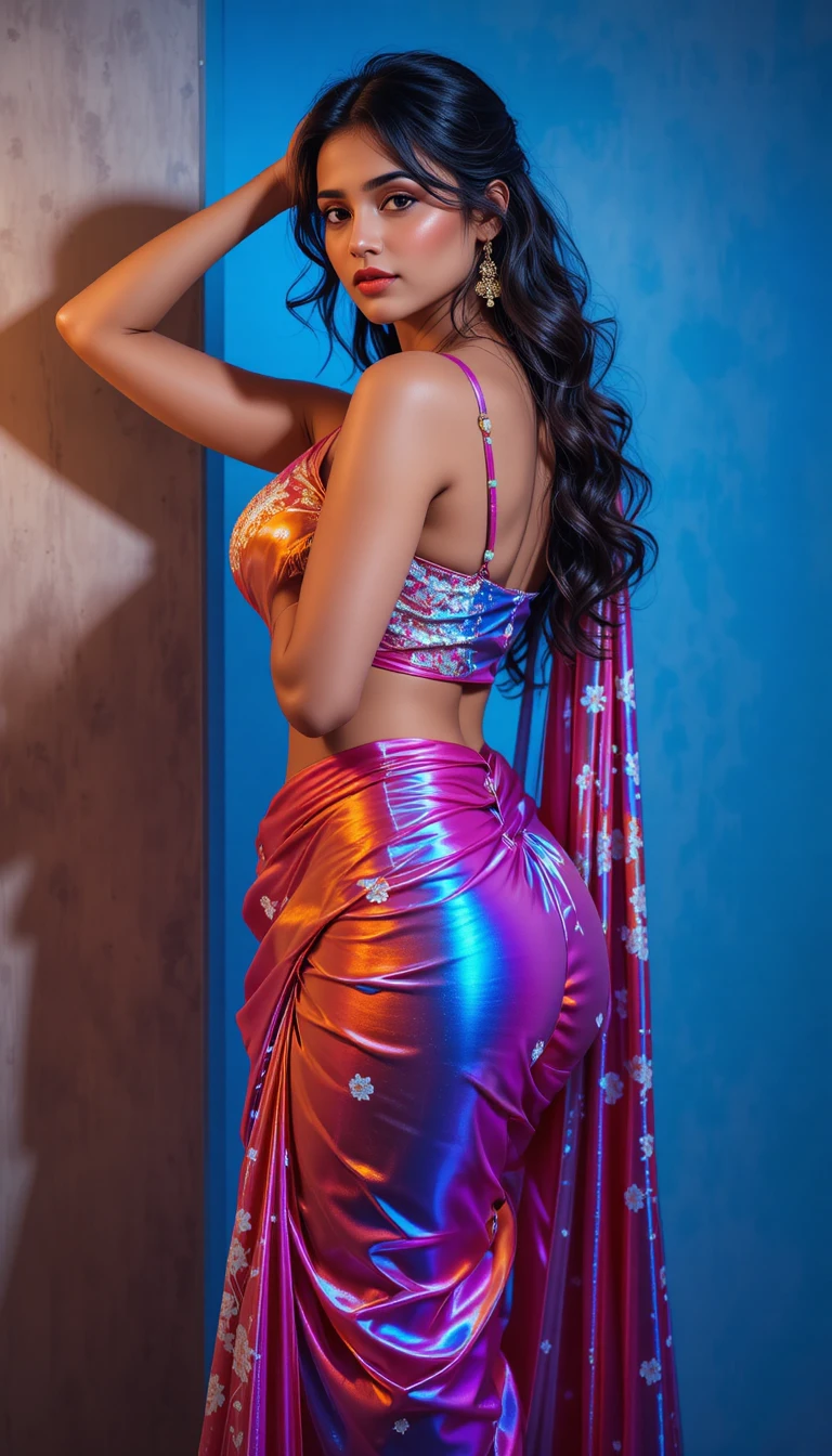 Donna glamour in sari riflettente con clavicola scoperta