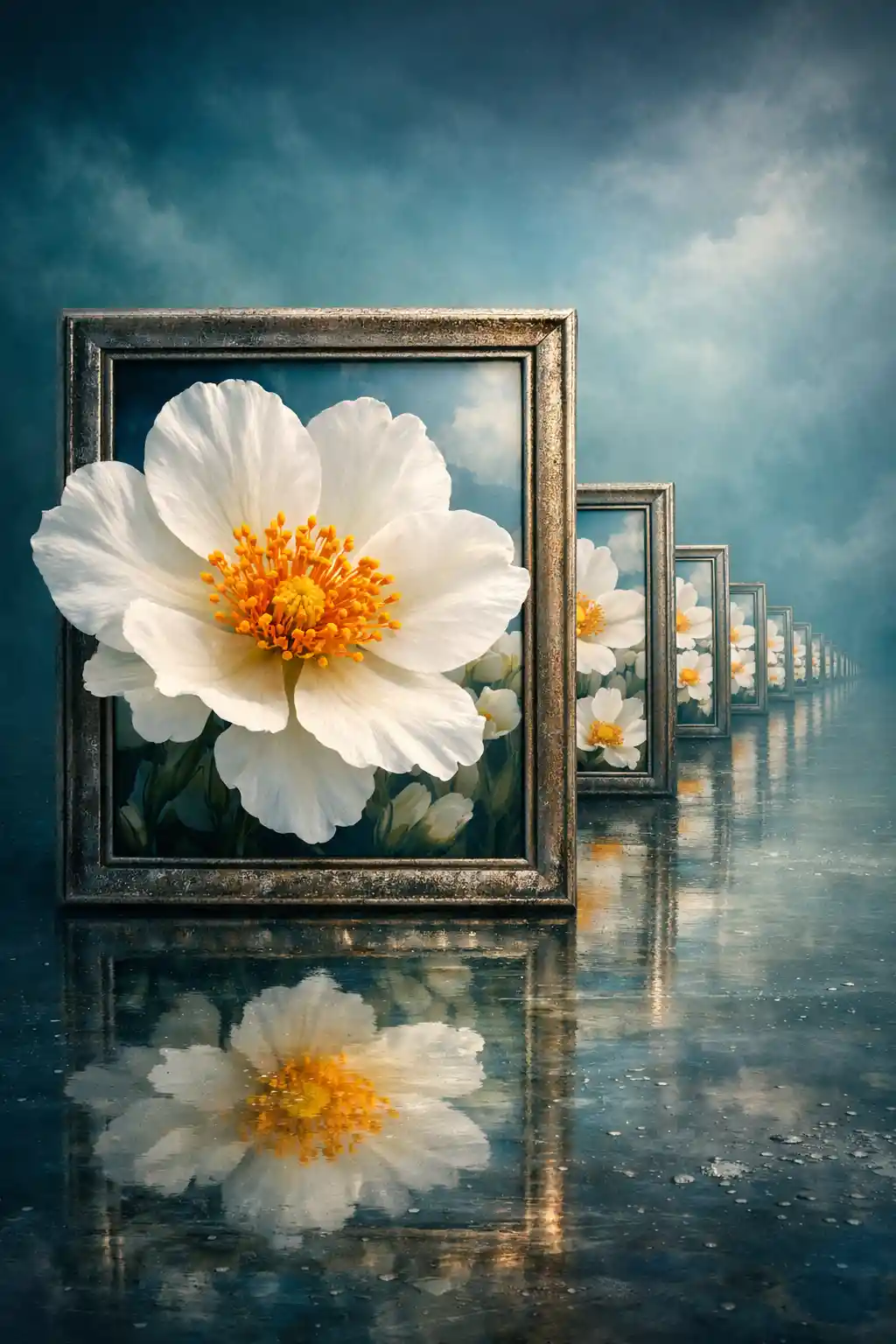 Surreal corridor of framed white flowers in misty blue space