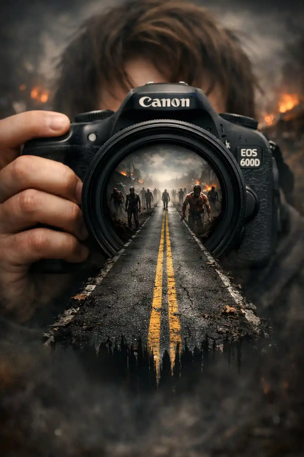 Surreal road of zombies aligned with a camera lens