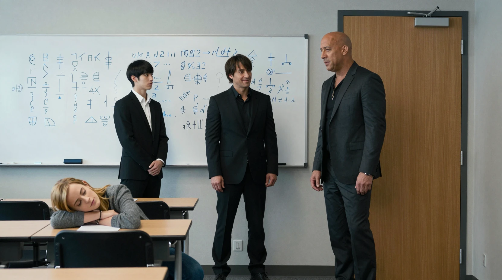 Tense cinematic scene in a modern high tech classroom