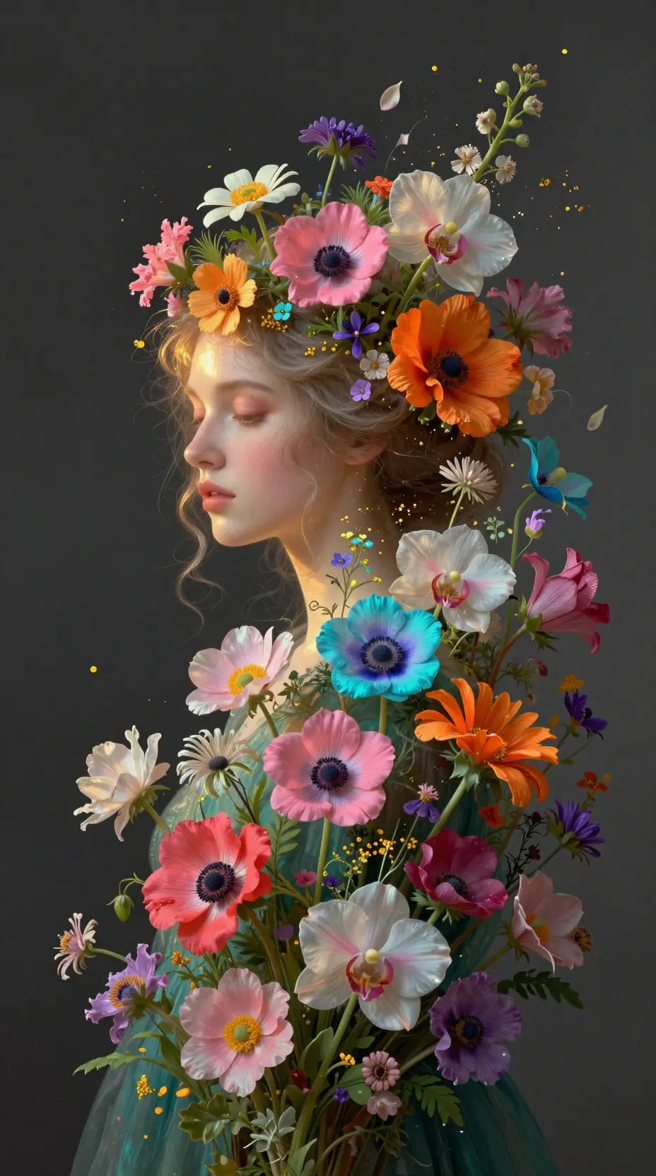 Surreal floral portrait with cascading bioluminescent garden