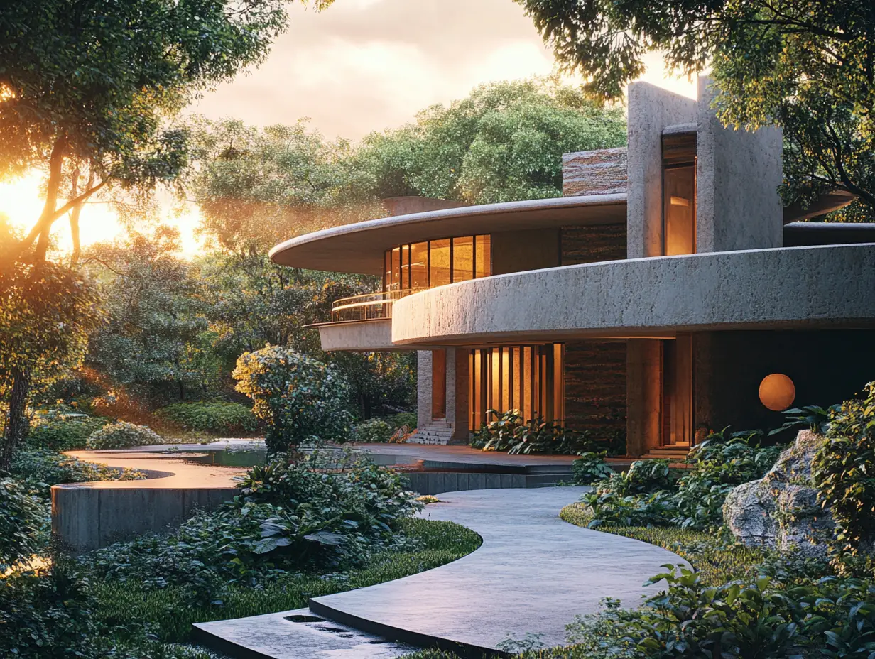 Organic fantasy home glowing in sunrise light