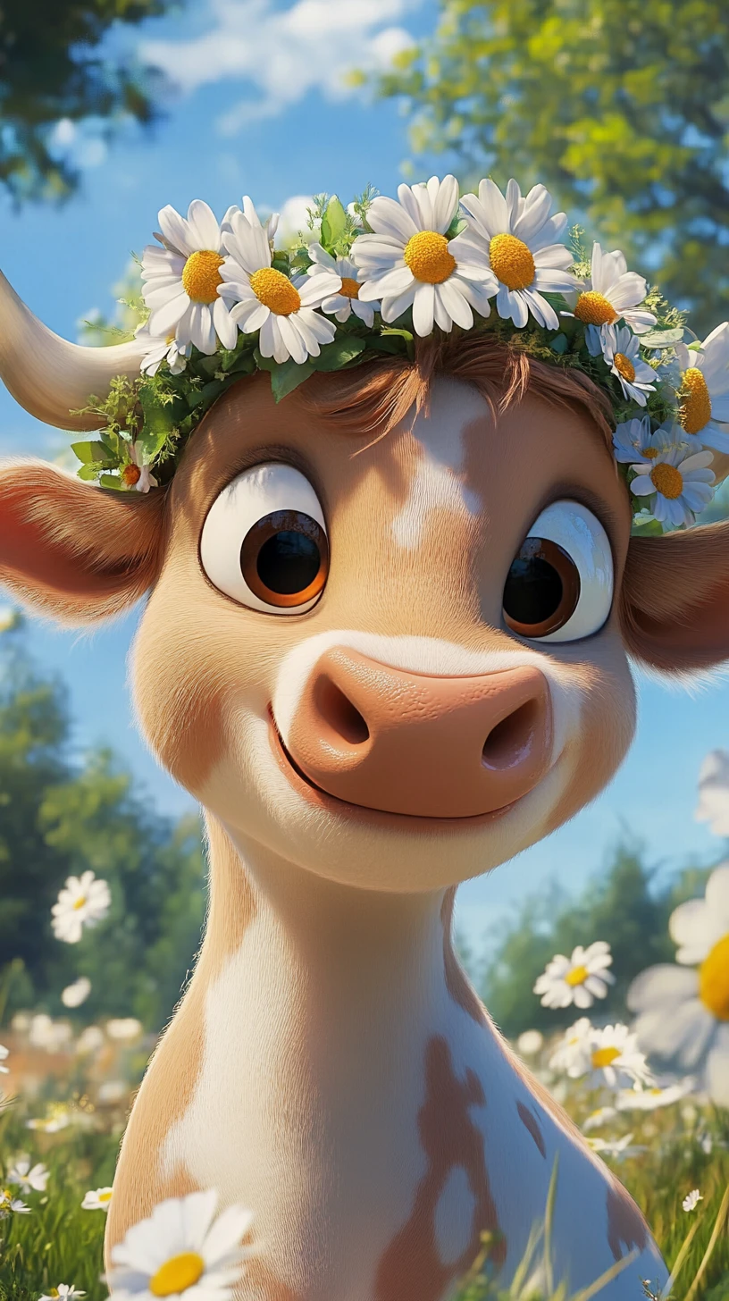 Mucca con trecce e corona di margherite in un prato fiorito al sole