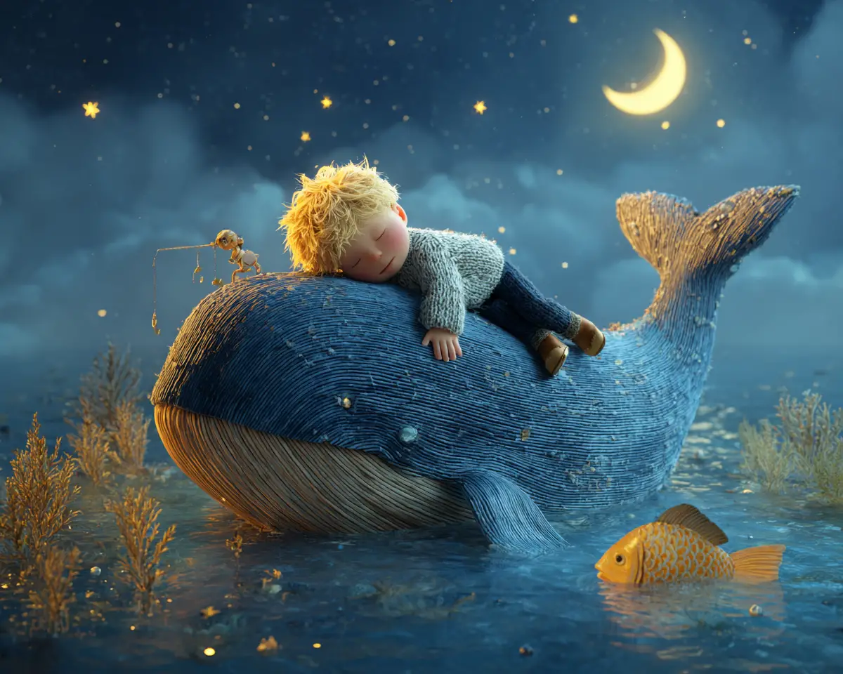 Child Sleeping On Whale Under A Magical Night Sky