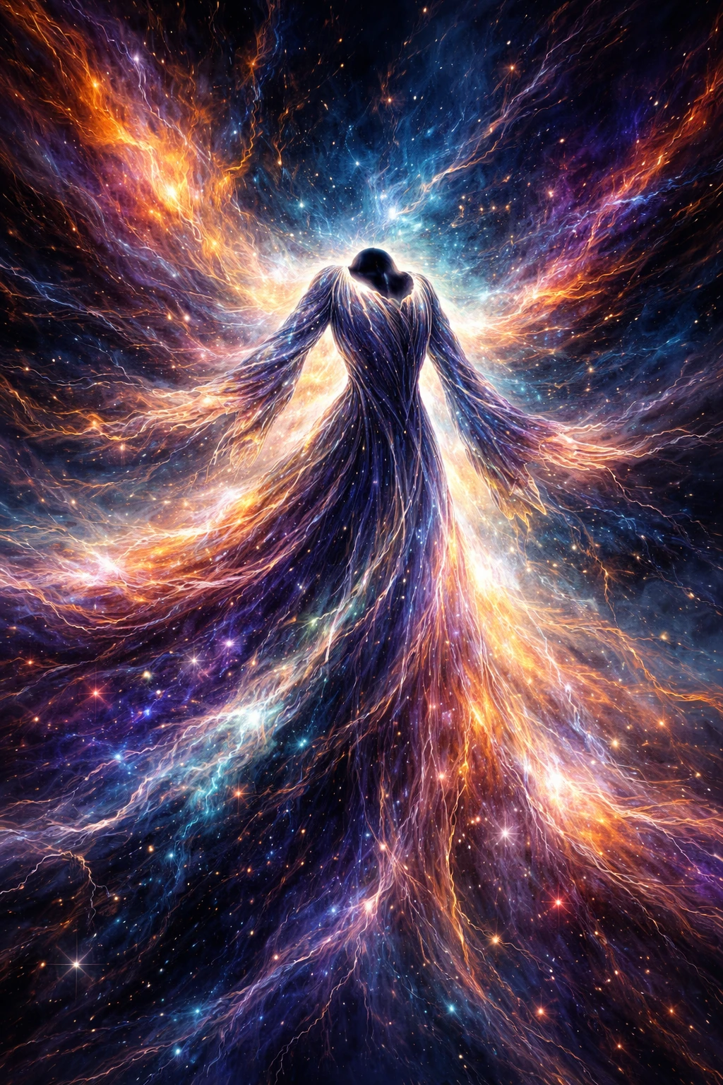 Mythisches Wesen in einem leuchtenden Kleid aus kosmischer Energie