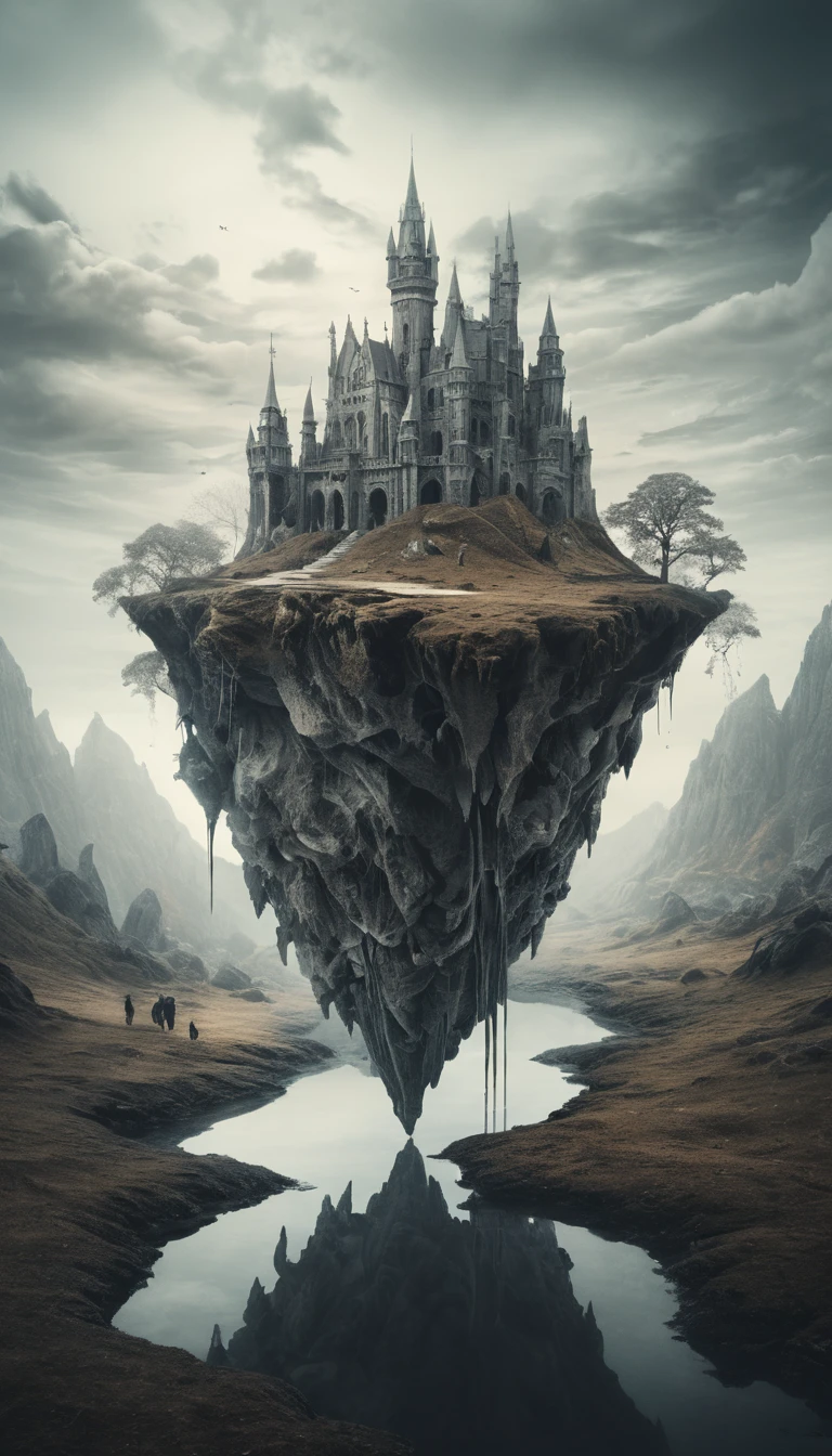 Surreal double exposure of a torn fantasy landscape