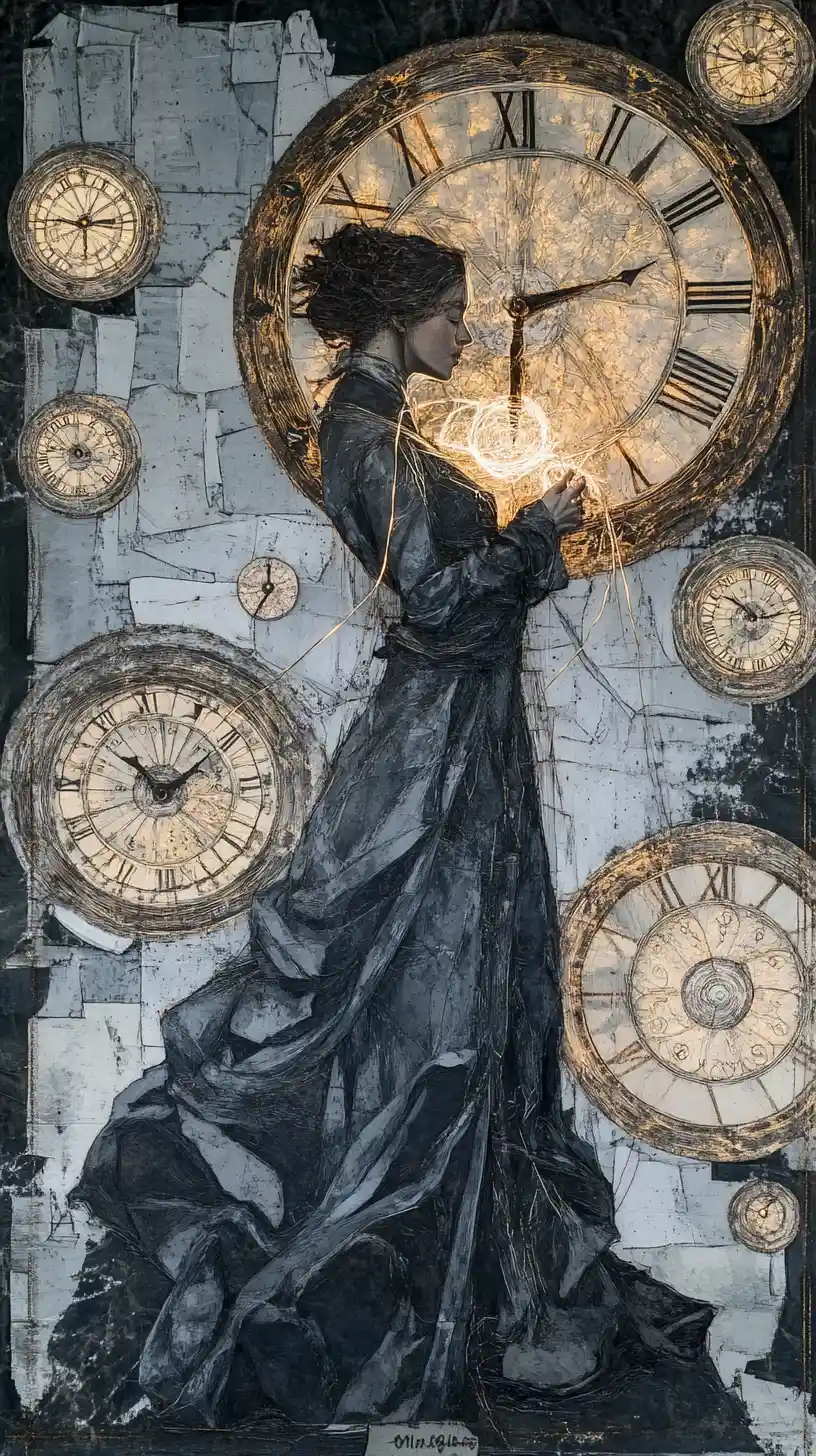 Gothic woman weaving glowing strands of time with threads