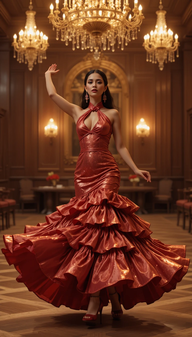 Indian woman dancing in red gown in royal ballroom