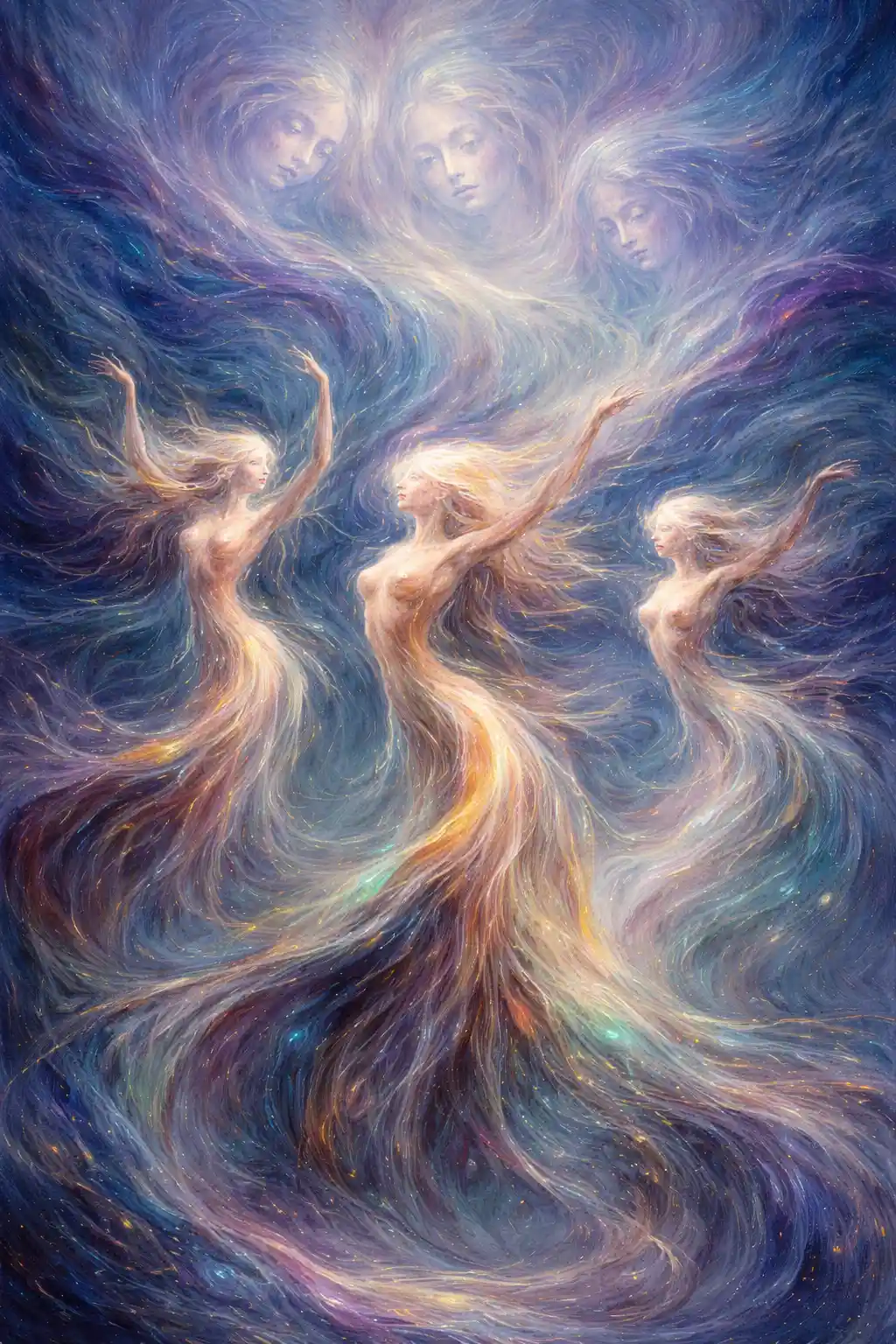 Ballerini eterei che vorticano in un cosmo astratto e luminoso