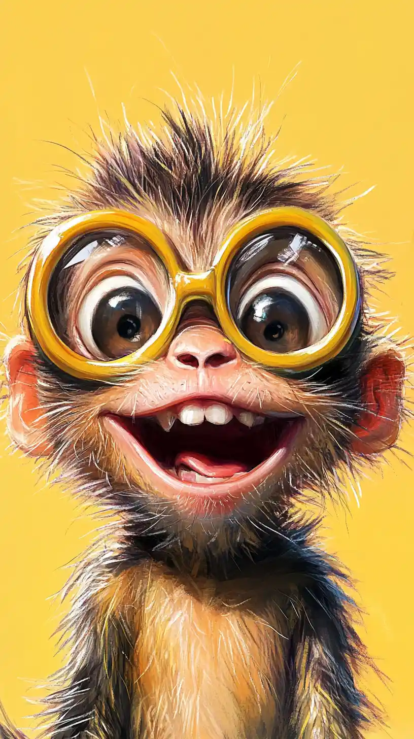 Sarcastic Cartoon Portrait Of Laughing Baby Monkey With Glasses