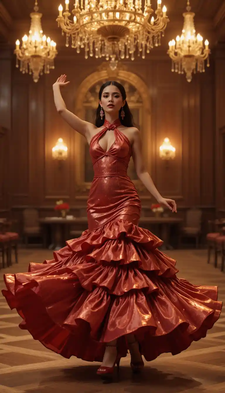 Donna indiana che danza in abito rosso in una sala da ballo reale
