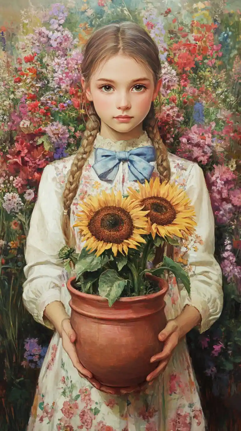 Girl with sunflower in a pastel surreal flower garden