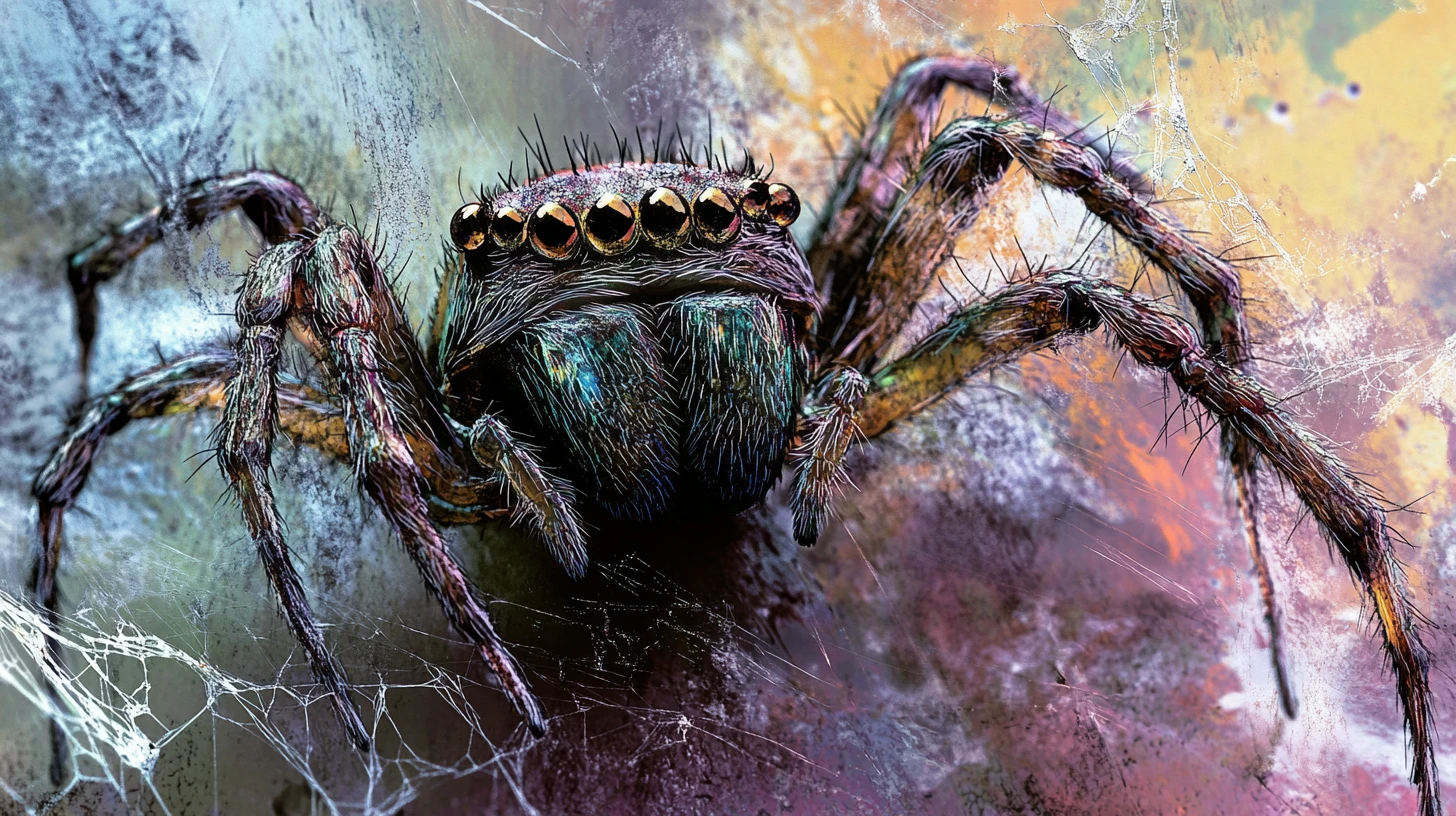 Portrait abstrait en gros plan d’une araignée avec textures de toile fragmentées