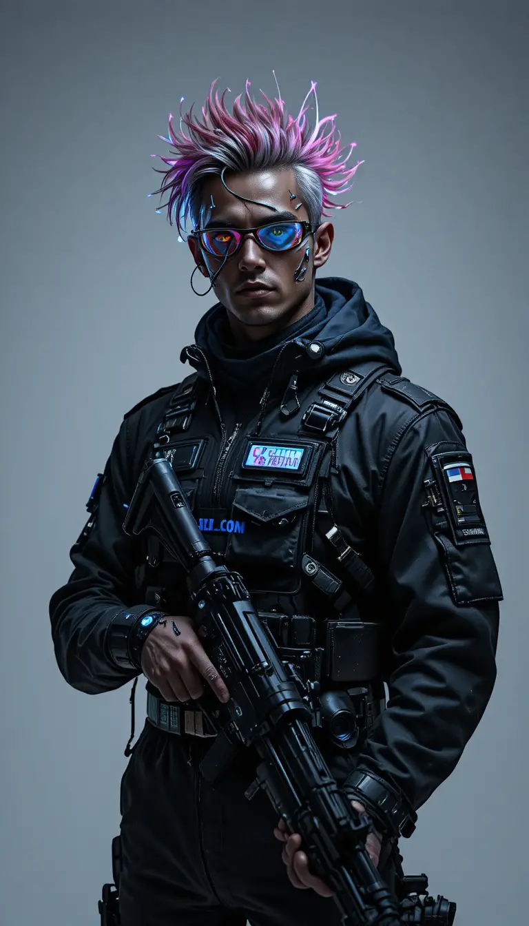 Futuristic cyberpunk man in layered tactical fashion