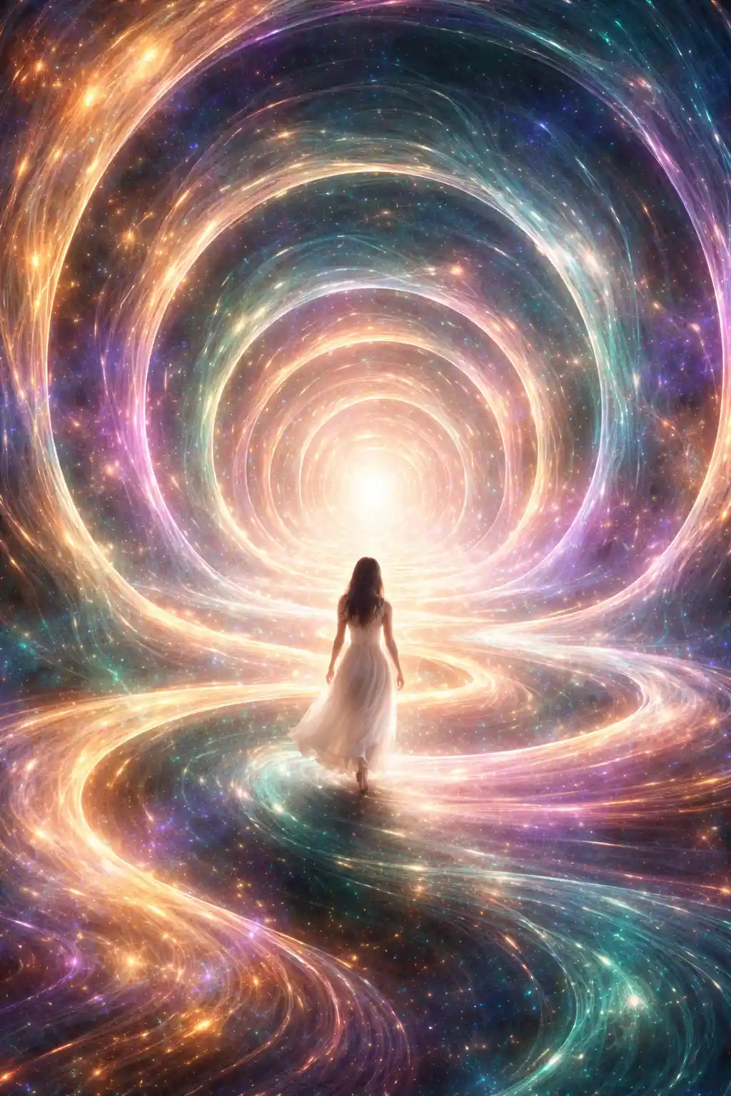 Woman Walking Into An Endless Luminous Labyrinth Of Light