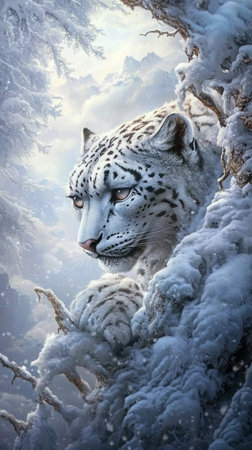 Misteriosa illusione di un leopardo delle nevi in un’arte digitale surreale