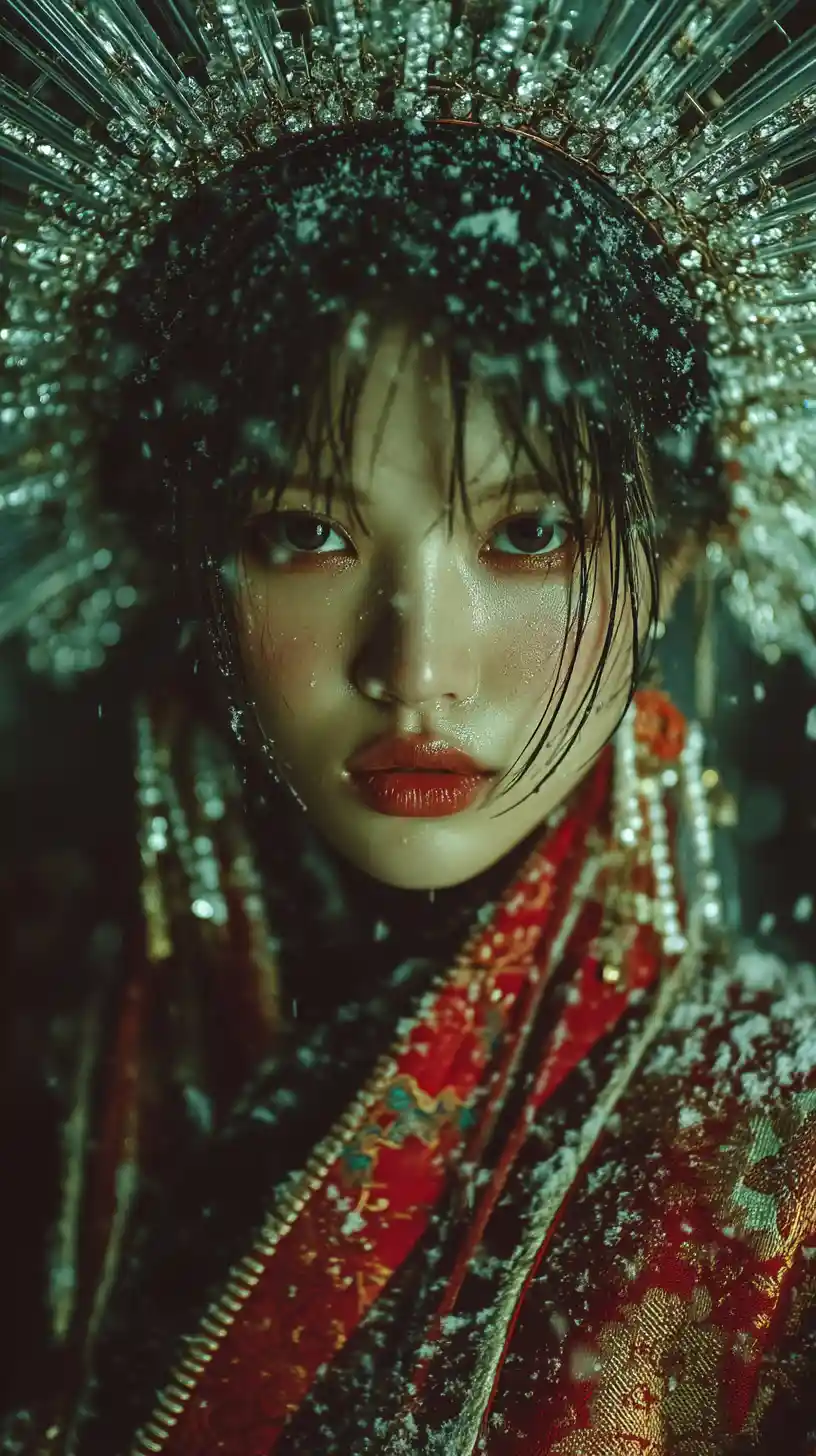 Donna in kimono rosso con alone di cristallo nella neve