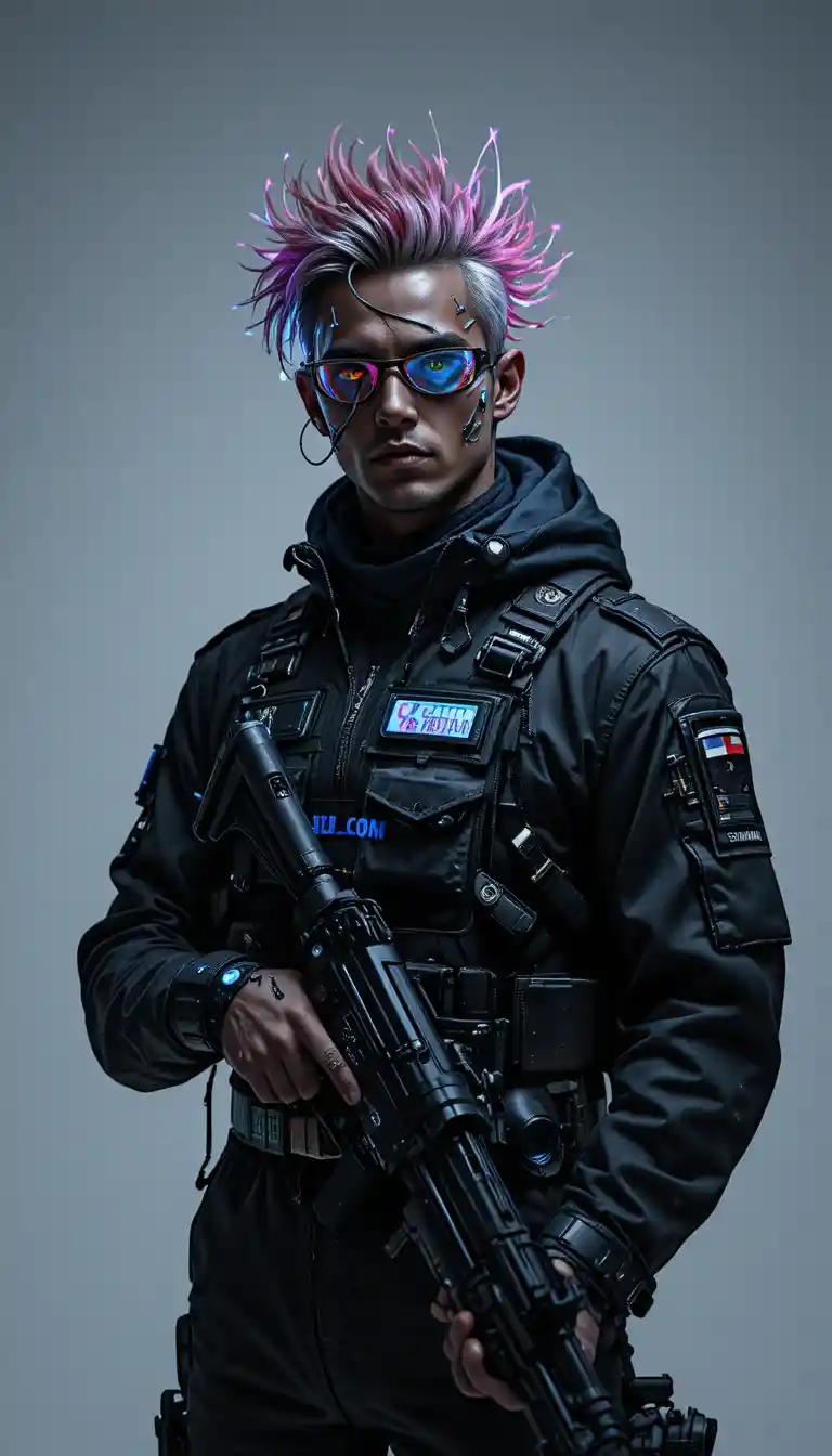 Futuristic cyberpunk man in layered tactical fashion