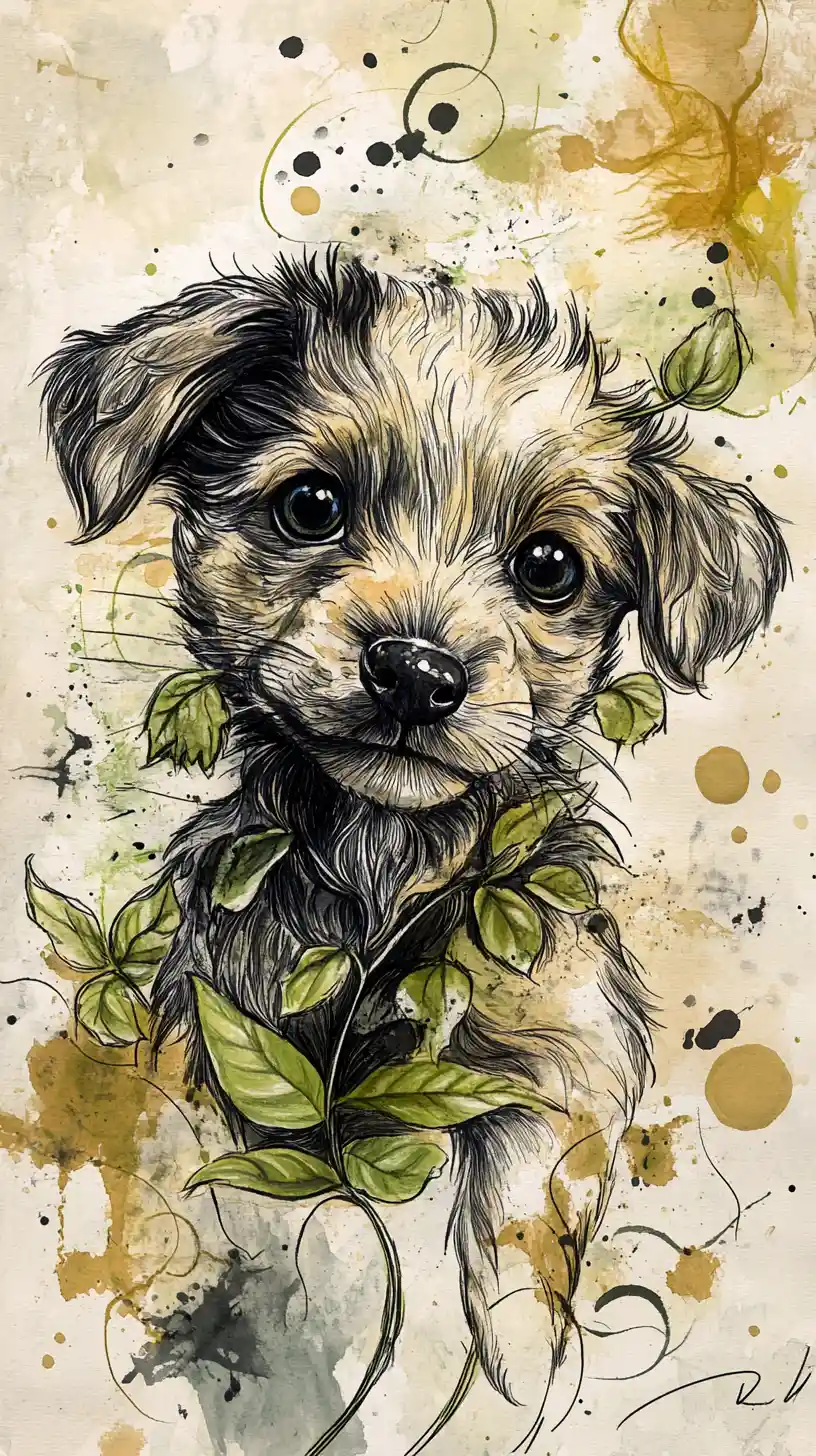Whimsical puppy with leaves and swirling watercolor lines