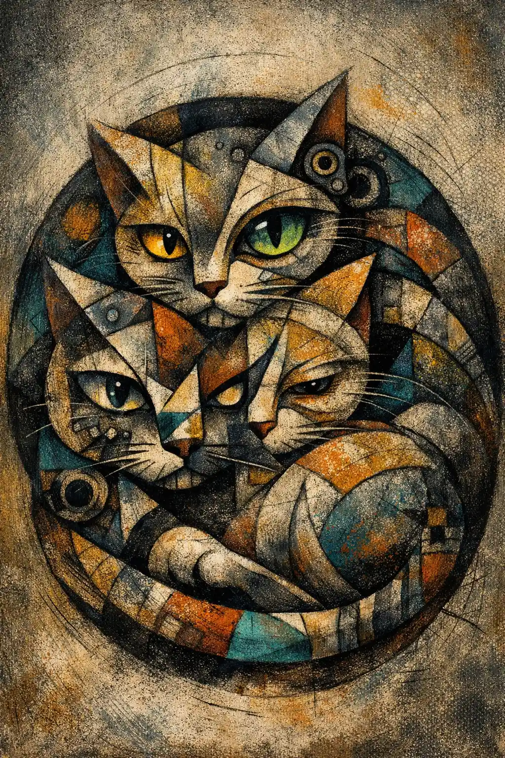 Abstract curled cat portrait in circular geometric forms