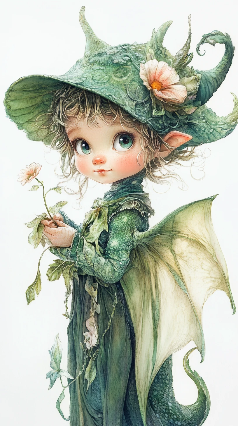 Tiny baby dragon holding a flower in soft watercolor
