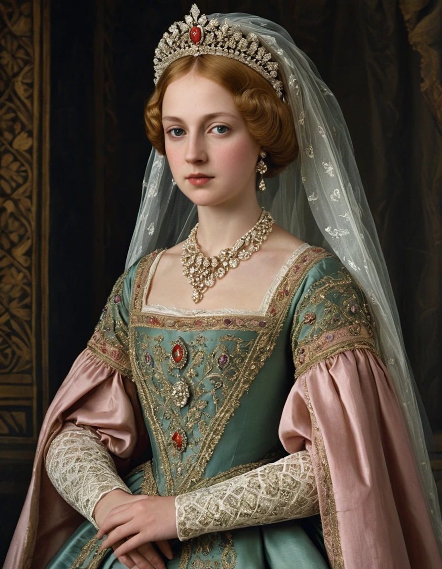 Young queen in elaborate renaissance gown and headdress