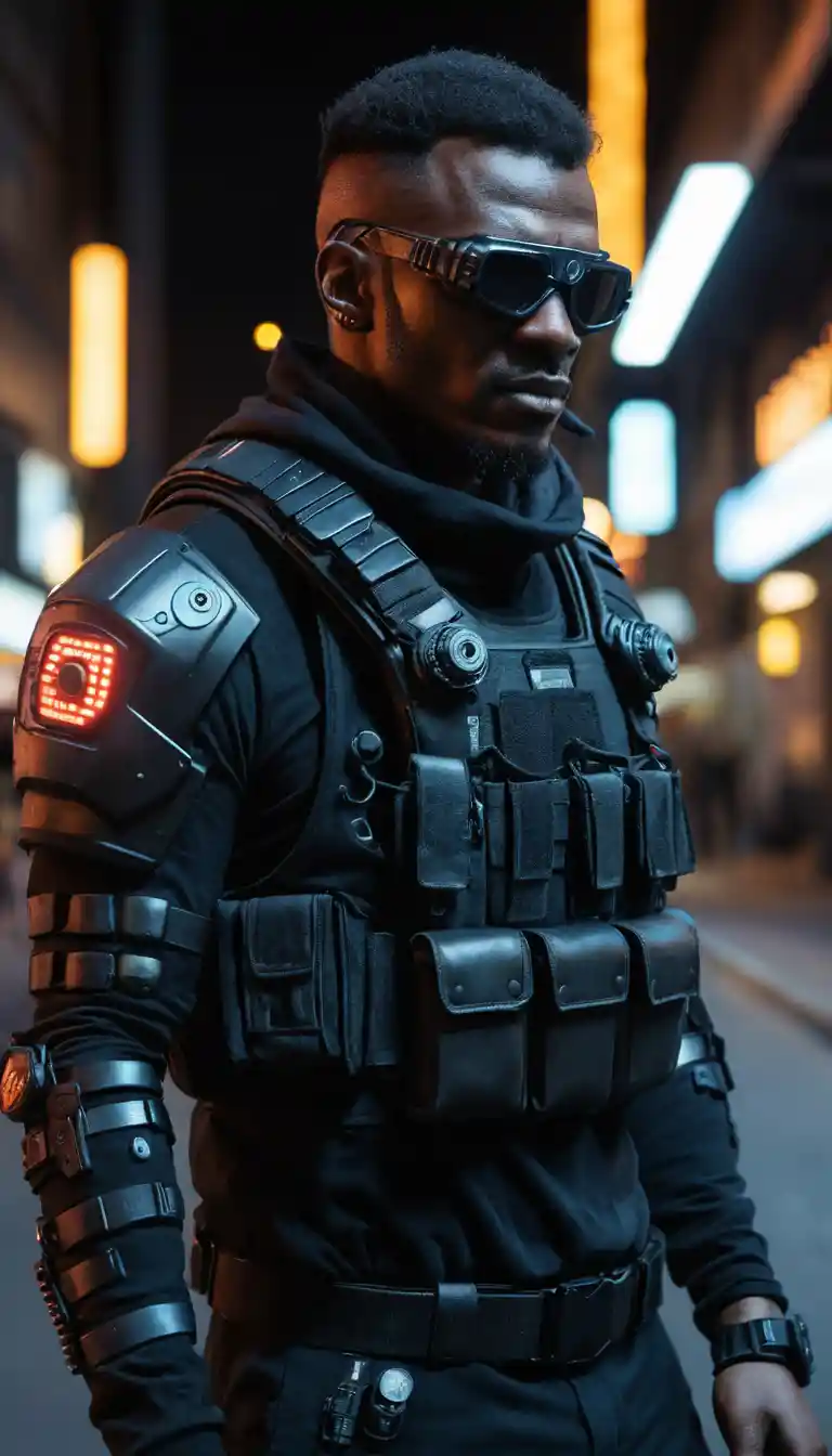 Futuristic cyberpunk man posing in studio fashion portrait
