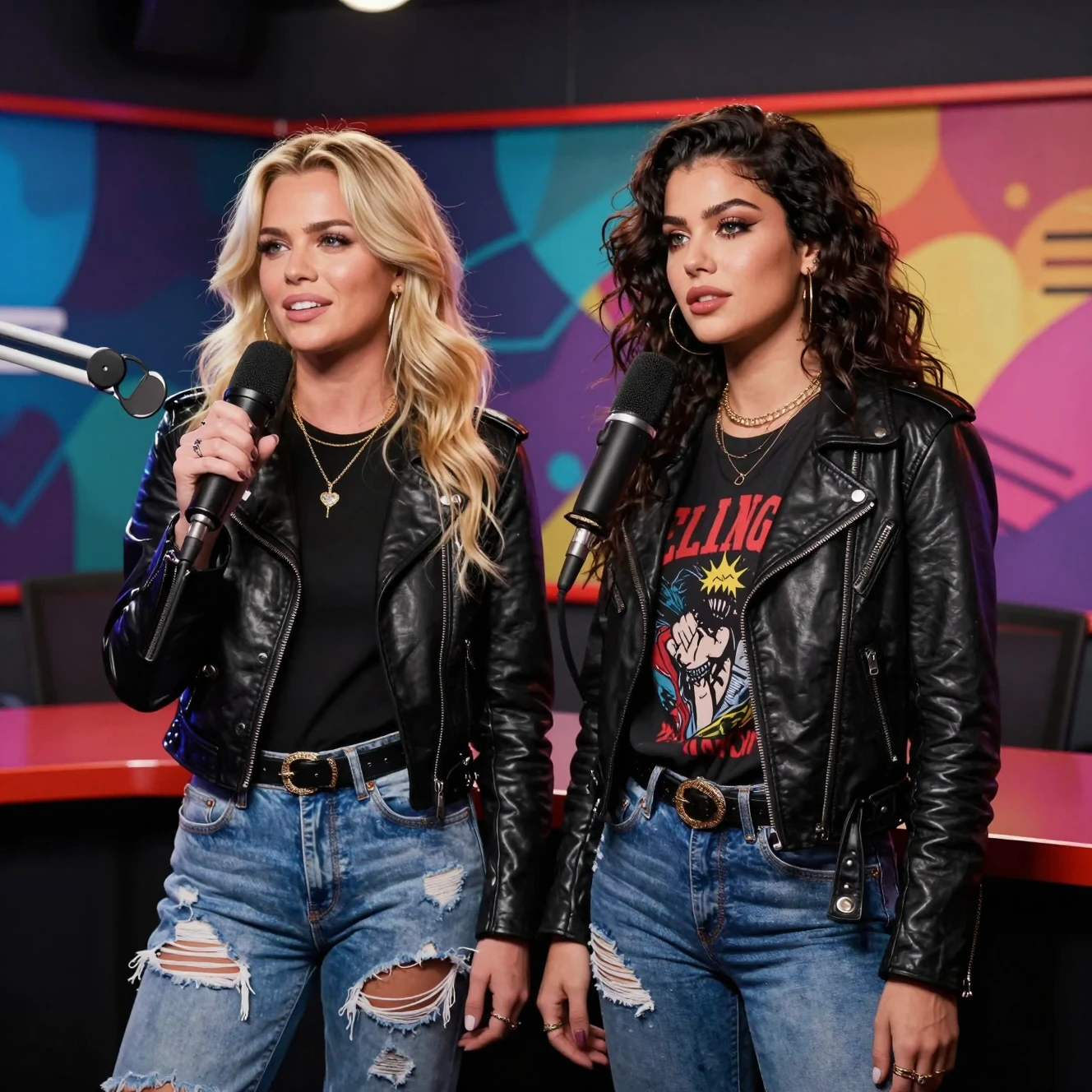Radio host and rocker guest in vibrant studio conversation