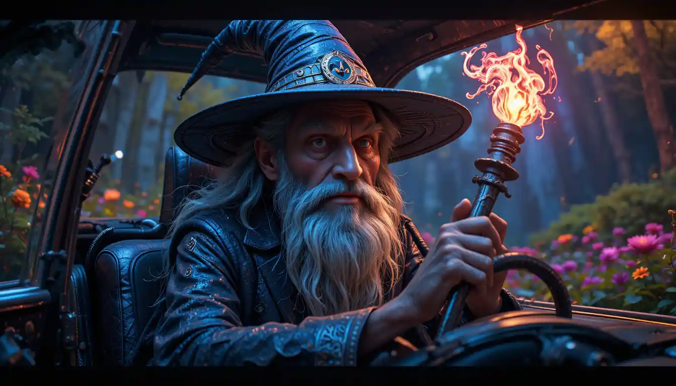 Tall wizard with glowing staff in stylized 3d scene