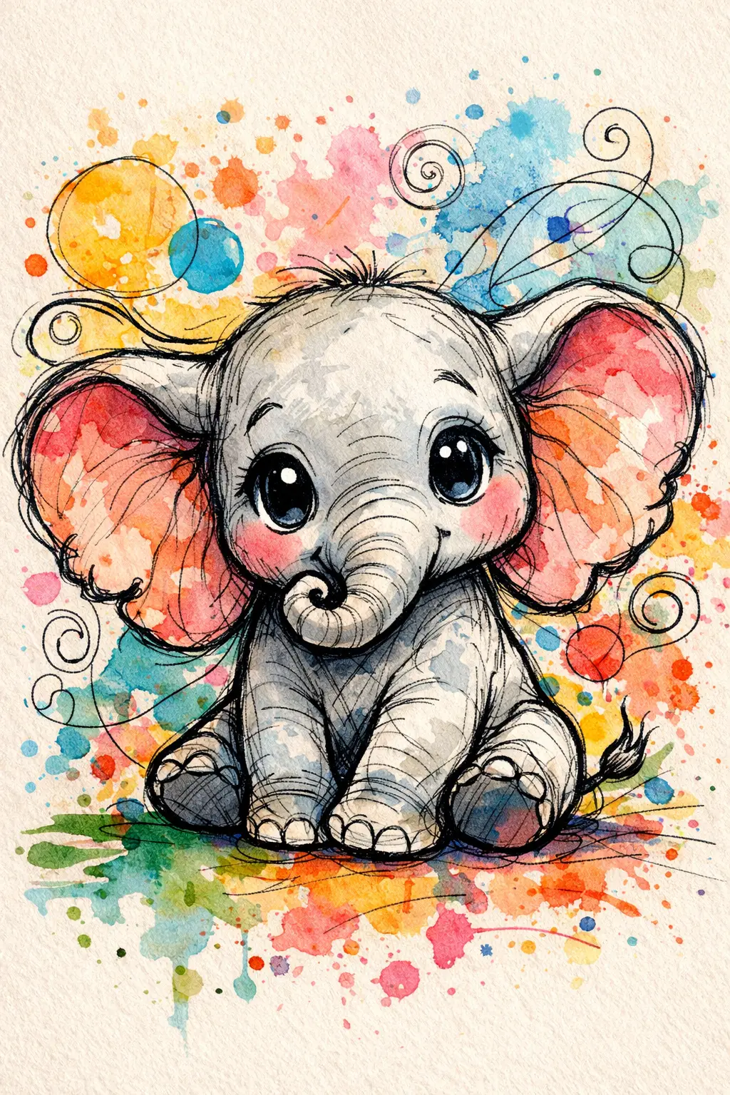 Whimsical Baby Elephant Ink And Watercolor Illustration