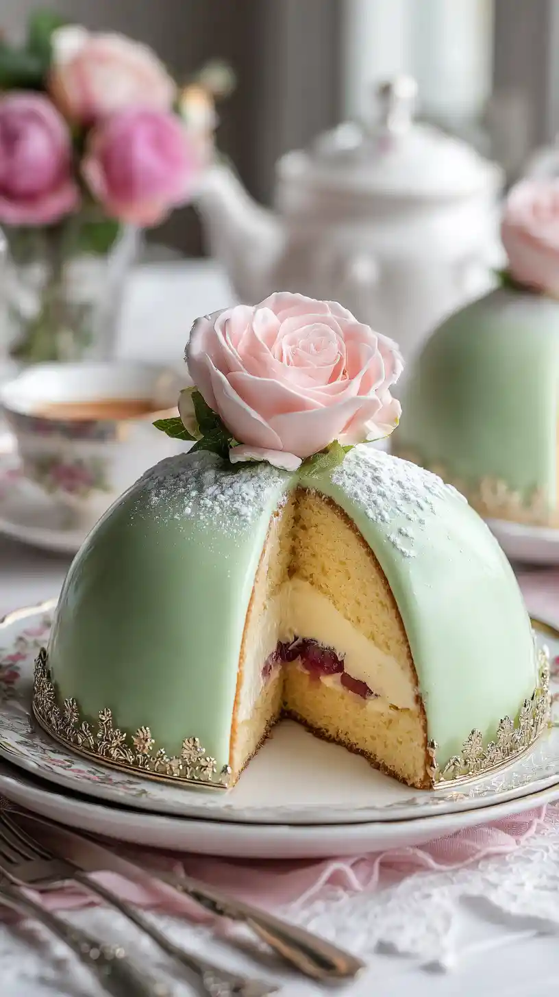 Torta principessa al marzapane verde su un'elegante tavola festiva