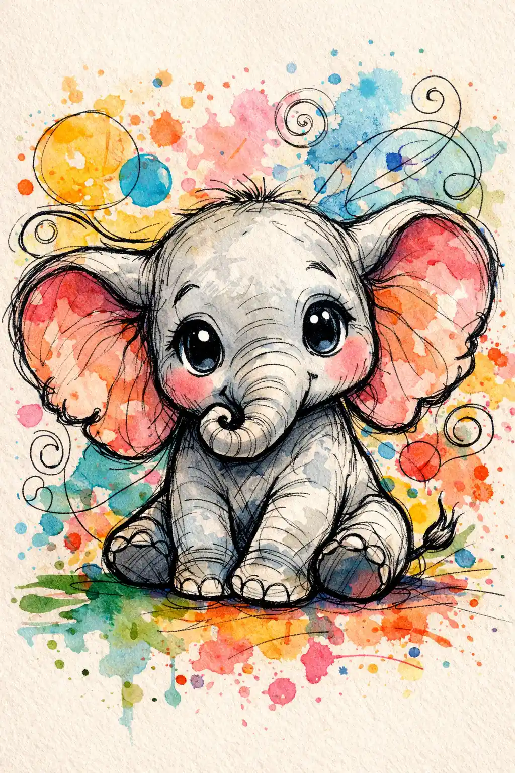 Illustrazione Fantasiosa di Cucciolo di Elefante a Inchiostro e Acquerello