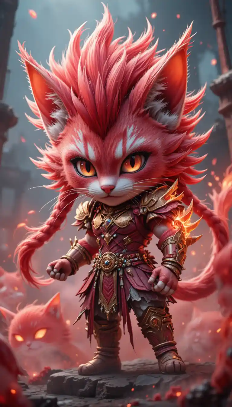 Fierce chibi tabby cat warrior in stormy battlefield