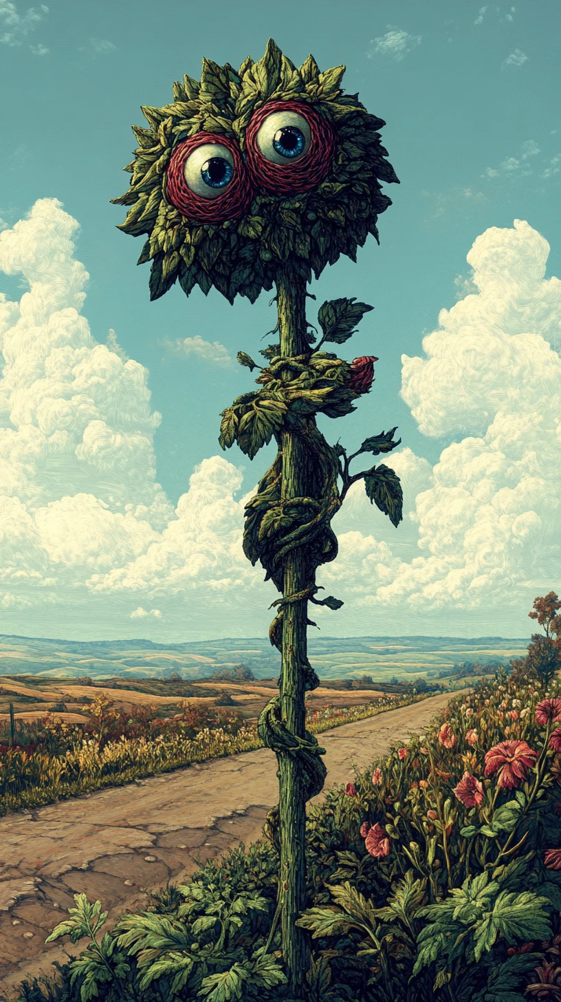 Surreal vine like plant creature standing by a lonely road