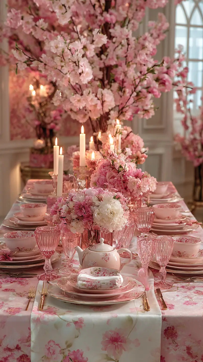 Elegant cherry blossom themed pink dining table setting