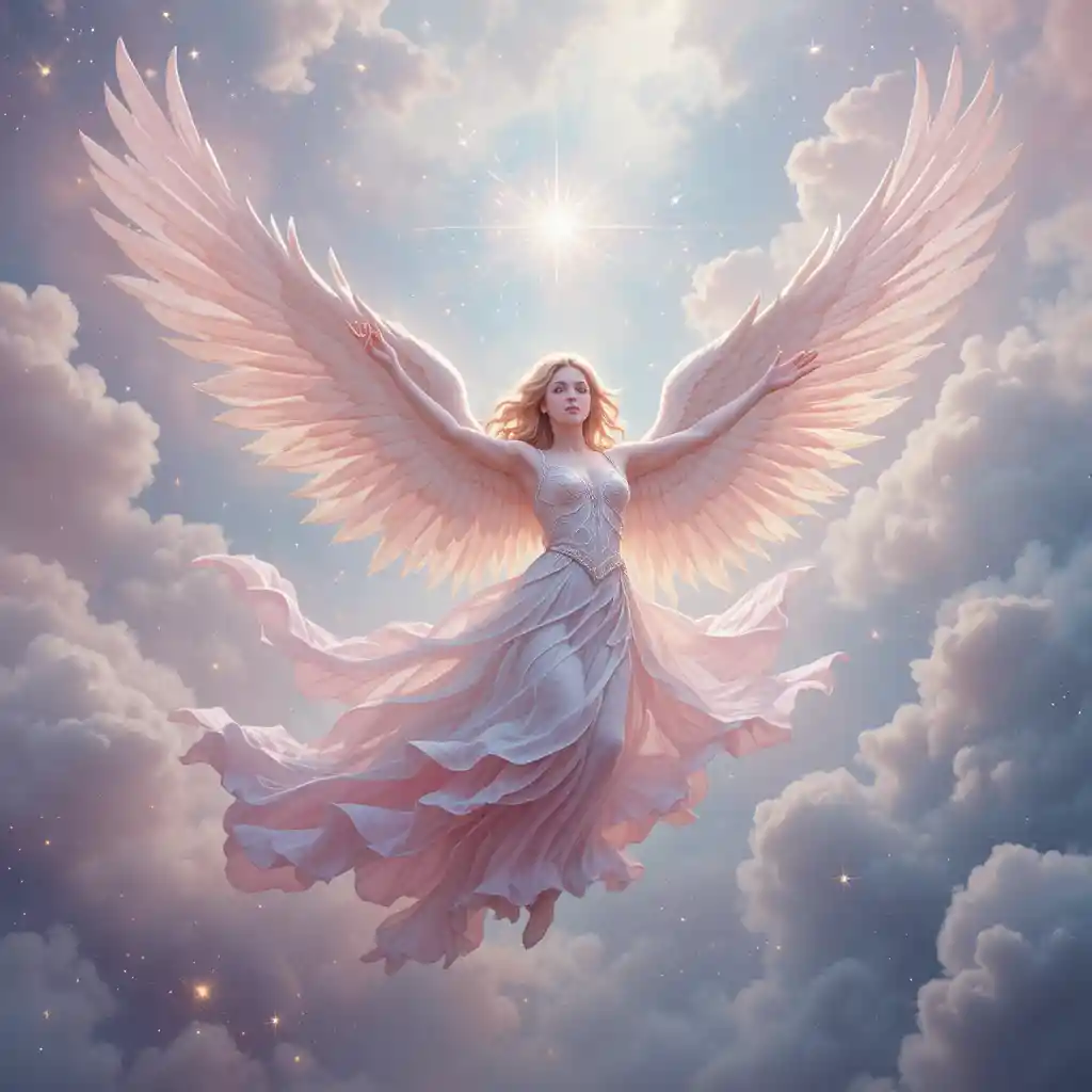 Angel soaring upward through a luminous celestial sky