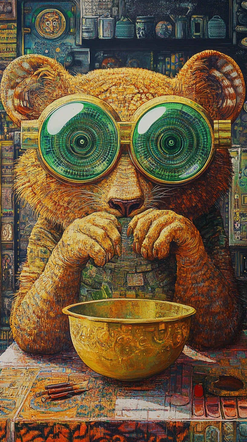 Lion avec lunettes rondes buvant dans un bol doré