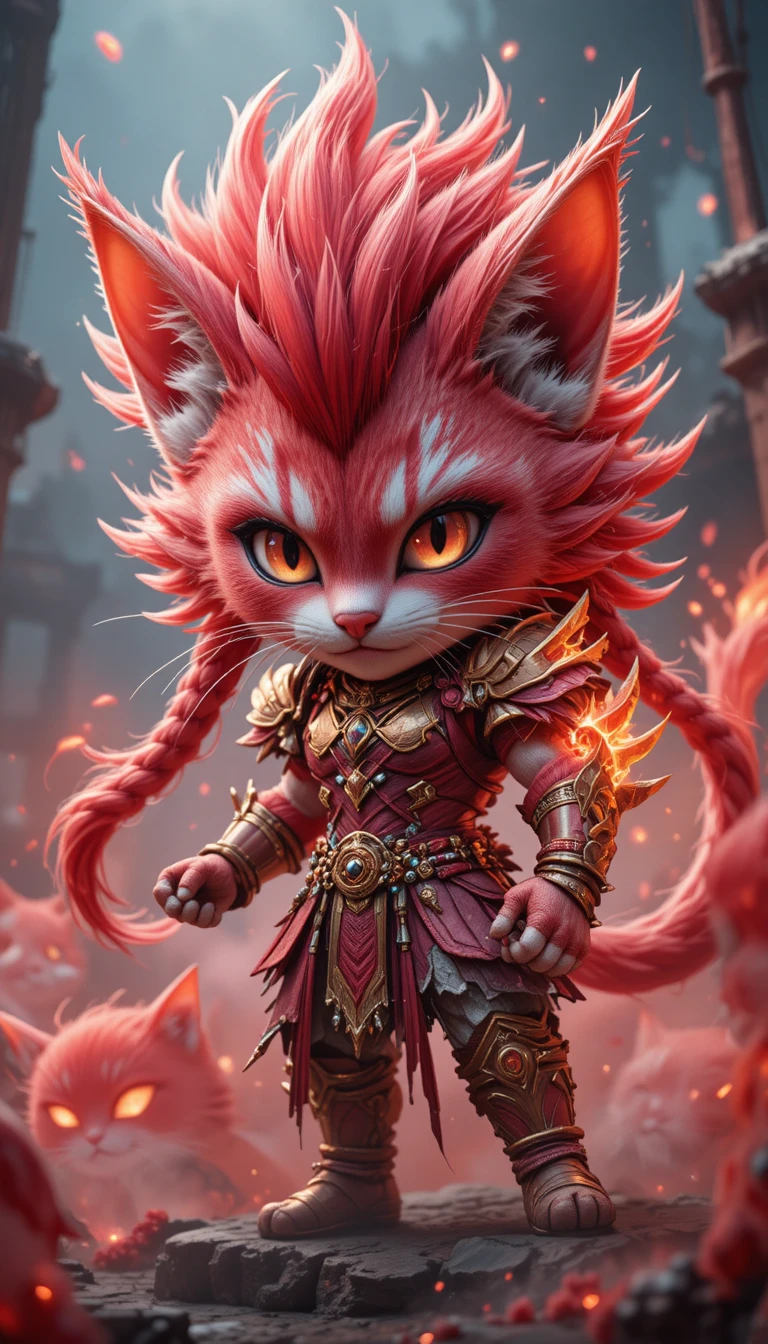 Fierce chibi tabby cat warrior in stormy battlefield